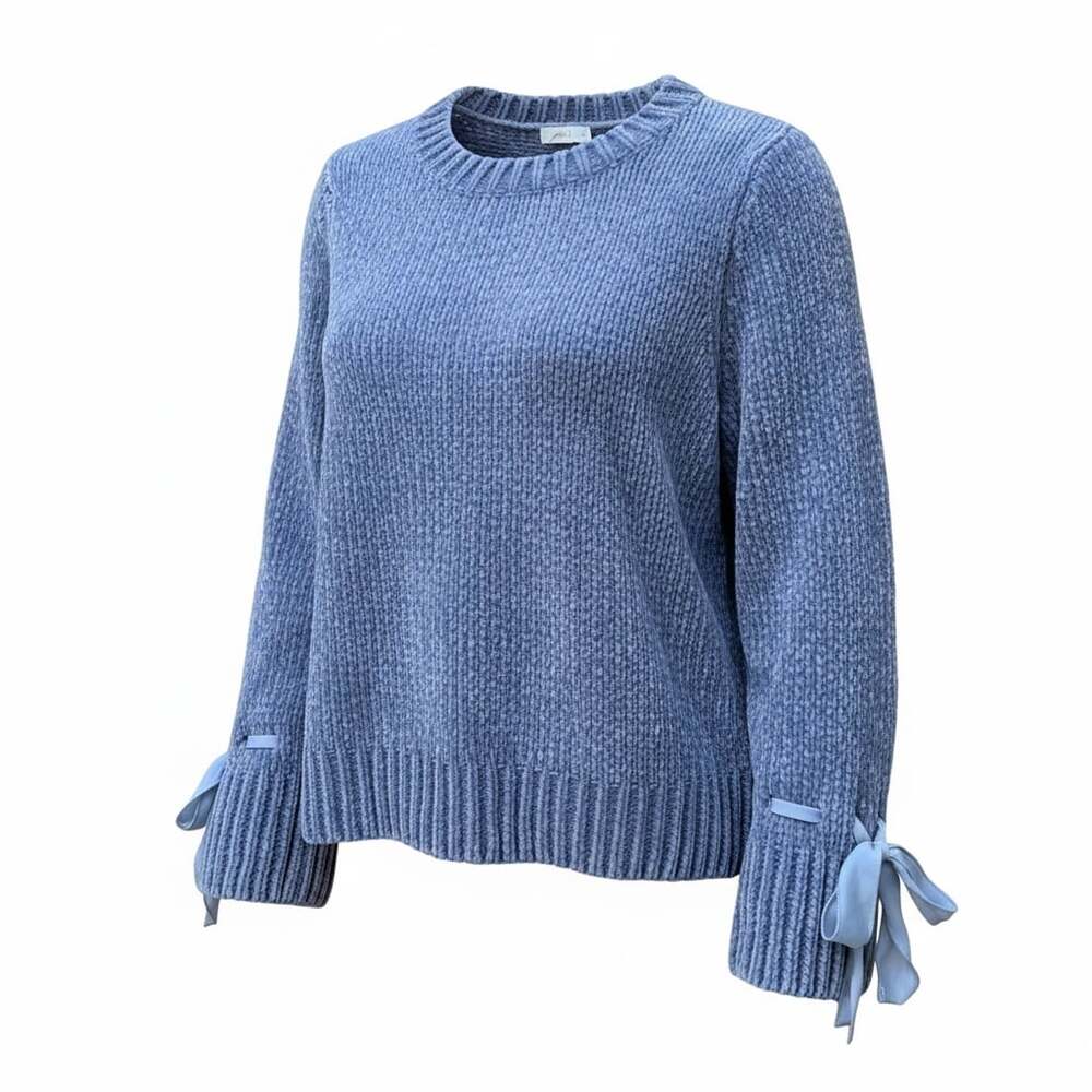 Cupio Women's Blue Chenille Knit Sweater with Ribbon Tie Bell Sleeves